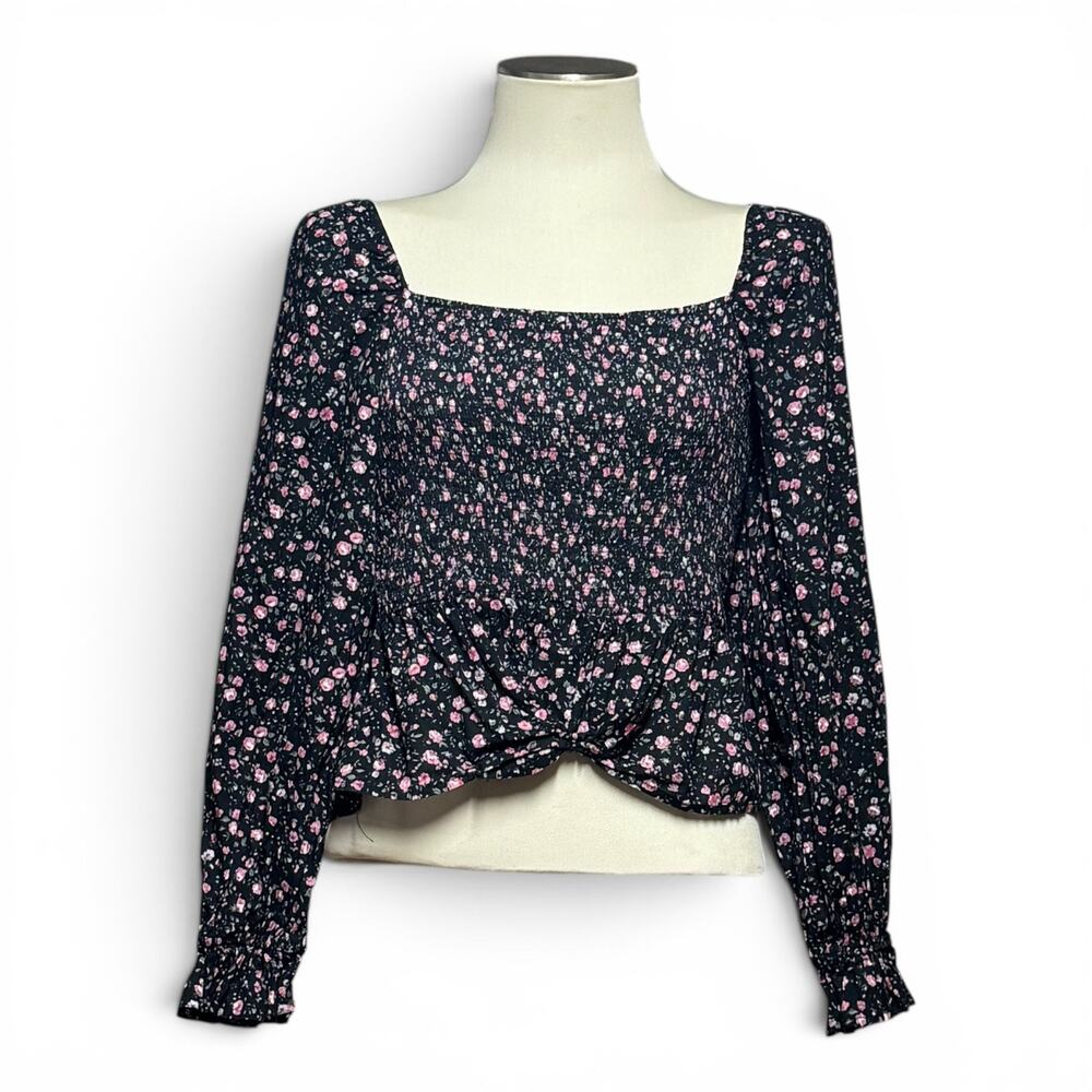 Dizzy Lizzy Cotton Puff Sleeve Ruffle Cropped Top Black Pink Floral Medium